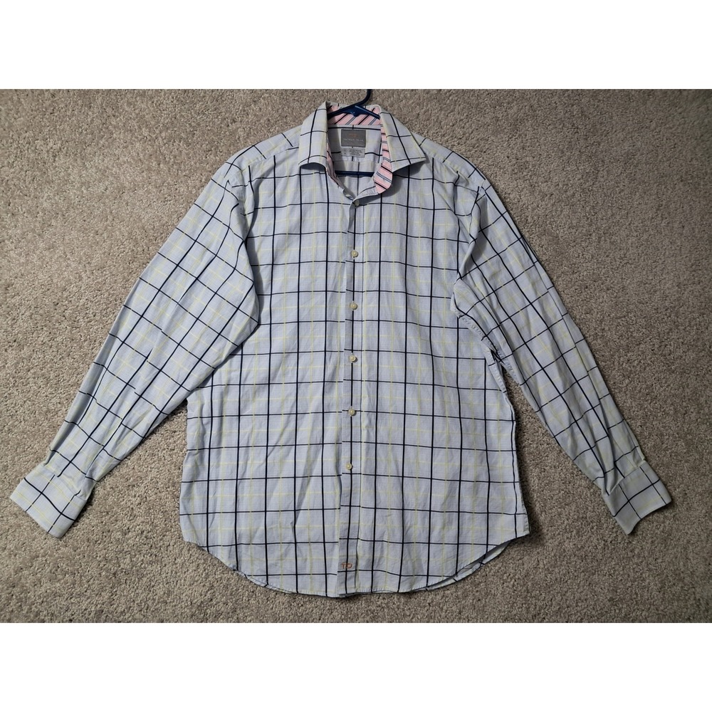 Thomas Dean Button Down Shirt Mens L Blue Yellow Windowpane Check Long Sleeve TD